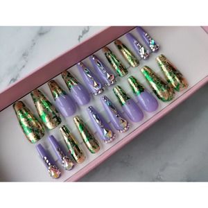 Purple Hazed Gold Glitz Long Coffin Press On Nails Long